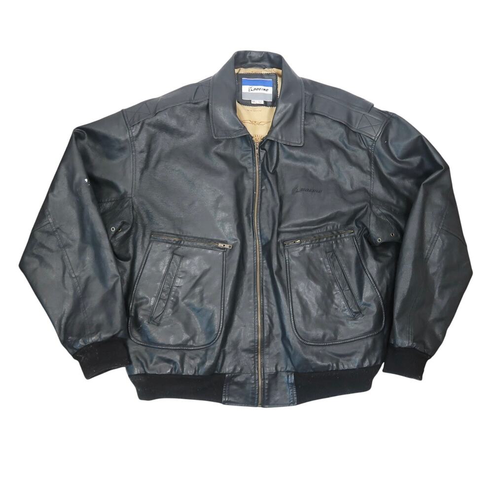 Vintage Retro Boeing Black Leather Bomber Jacket Aviator Mens XXL